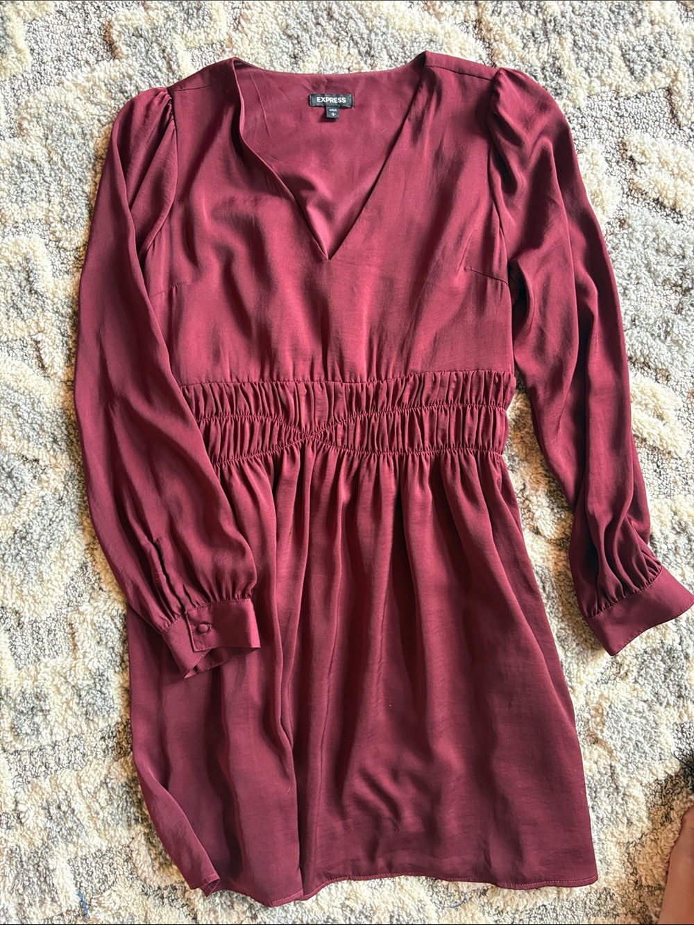 Express Wine Red Long Sleeve Smocked Waist Dress